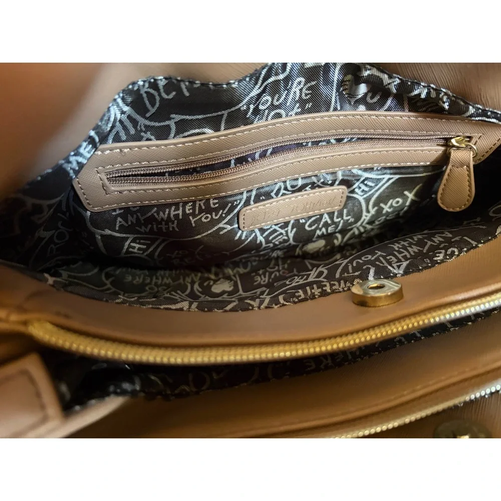 Betsey Johnson Tan White Striped Heart Quilted Satchel Crossbody Bag Bow Charm